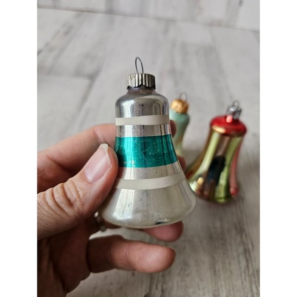 Vintage glass bell striped red green ornament Xmas set - Picture 2 of 14